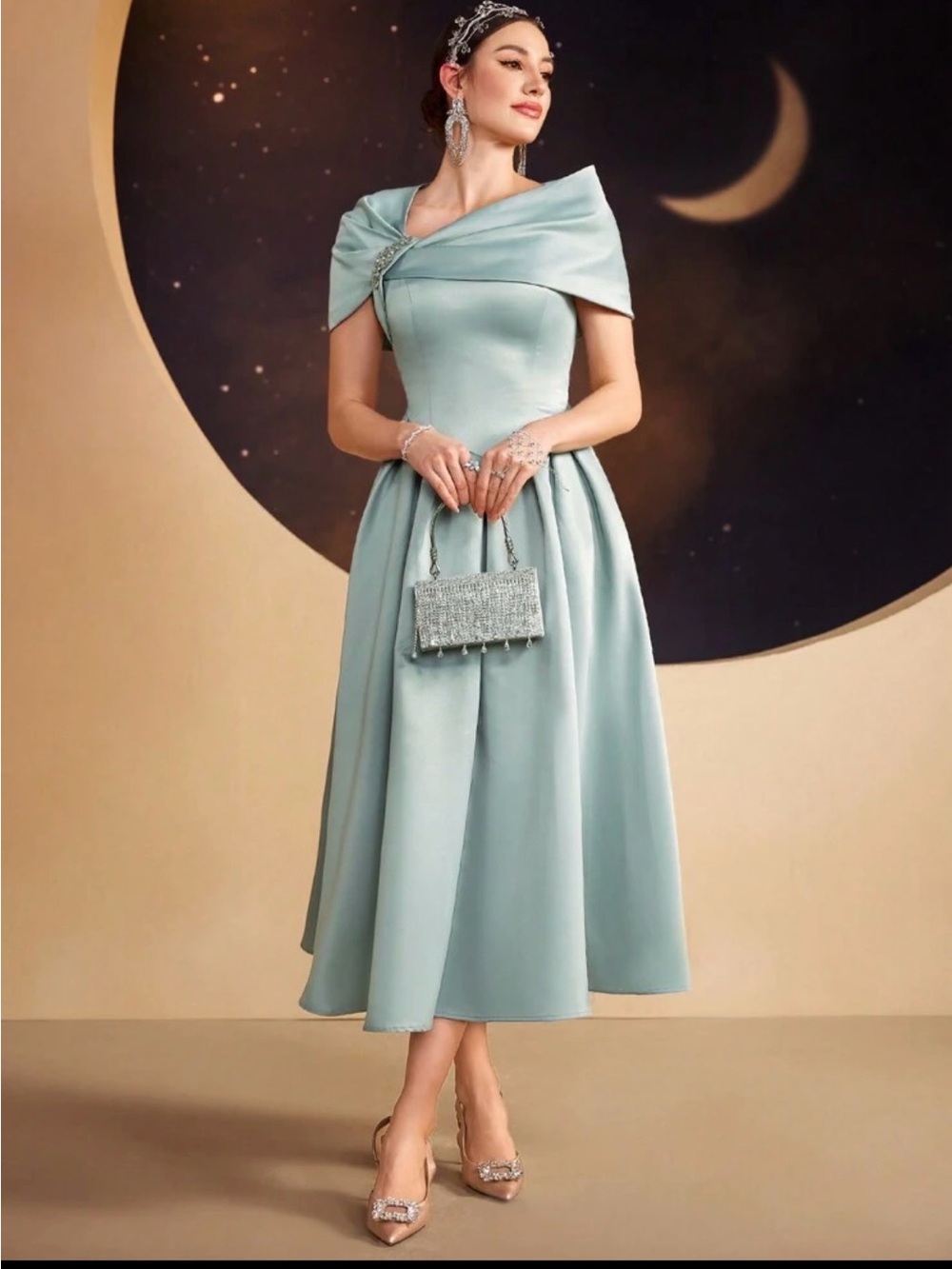 Elegant Off-Shoulder Tea-Length Dress in Pale Aqua